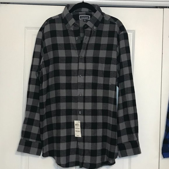 Club Room Grey and Black Plaid Men's Button Down Flannel Long Sleeve Shirt - Picture 1 of 9